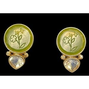 Green Floral Rhinestone Drop Art Deco Clip On Earrings 1950s Vintage Estate Sale